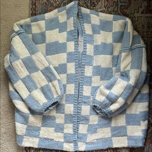 Blue and White Checkered Knit Cardigan